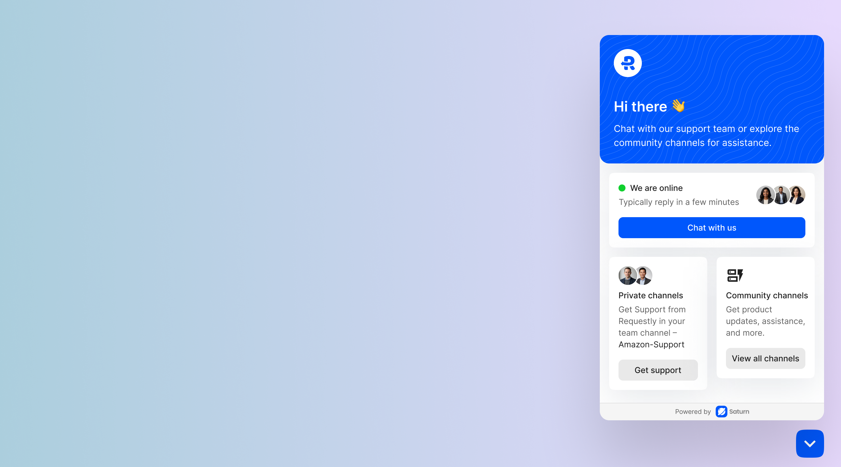 Customer widget home with support, private channels, and community channels